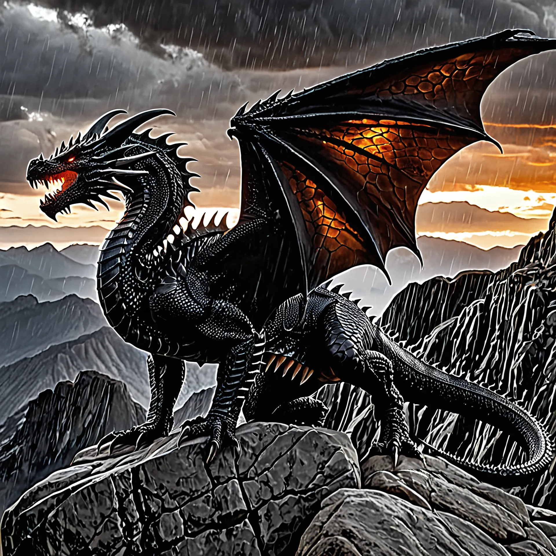 Cinematic black dragon on mountain ridge, 3D printable scene