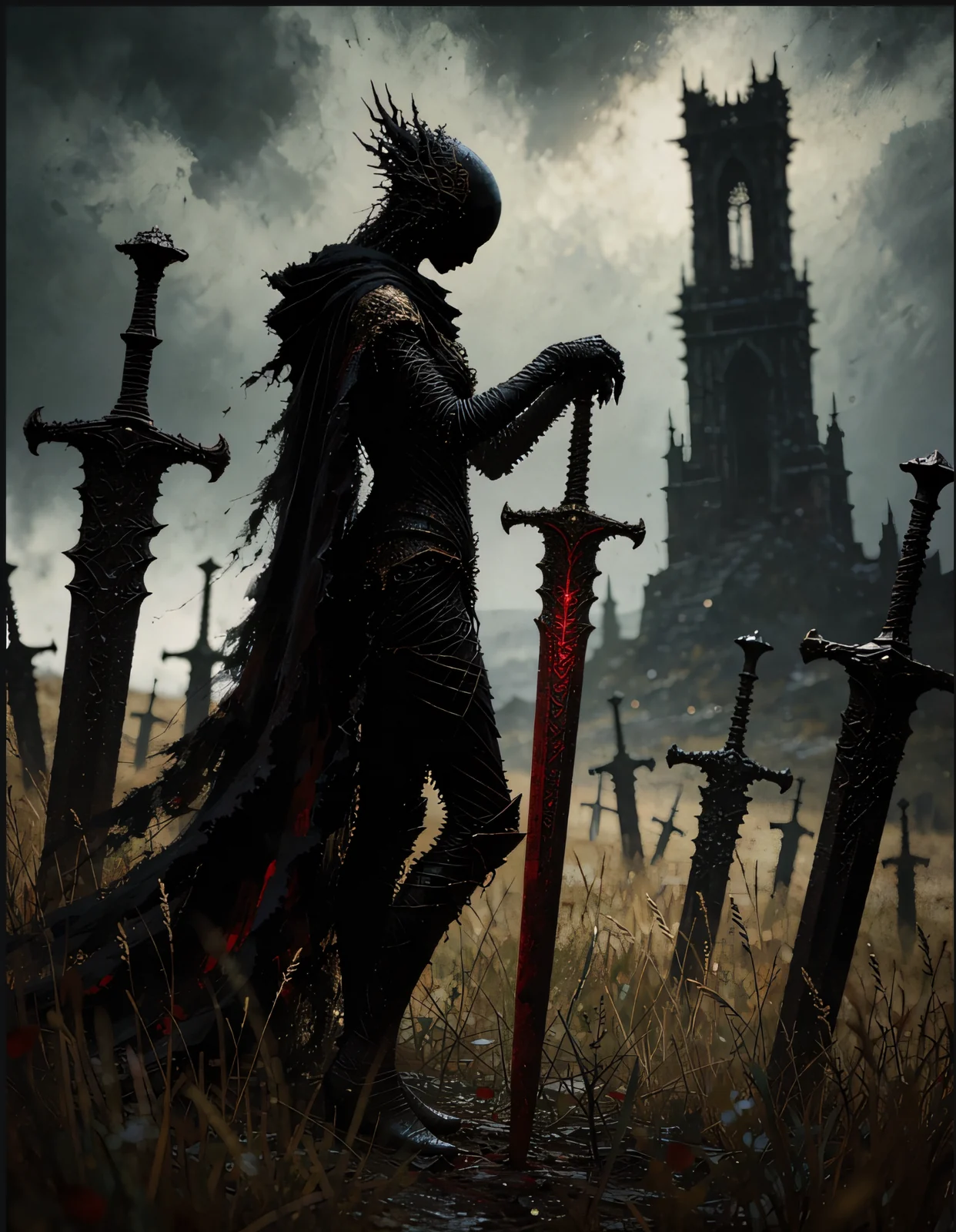 Cavaliere dark fantasy con spada rossa luminosa davanti a una torre in rovina — MechForge3D