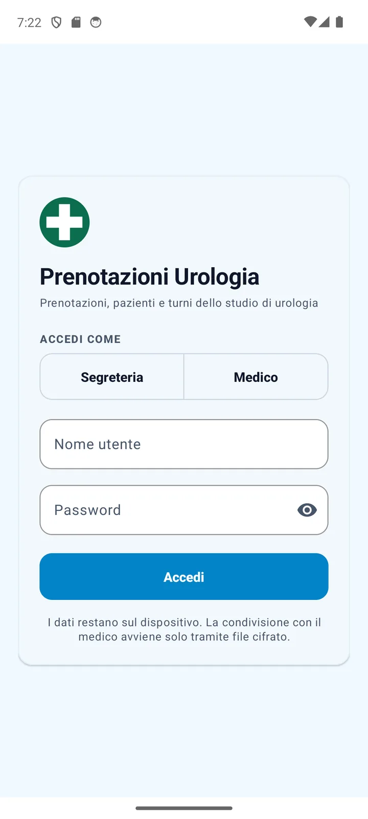 Schermata di accesso con scelta del profilo segreteria o medico