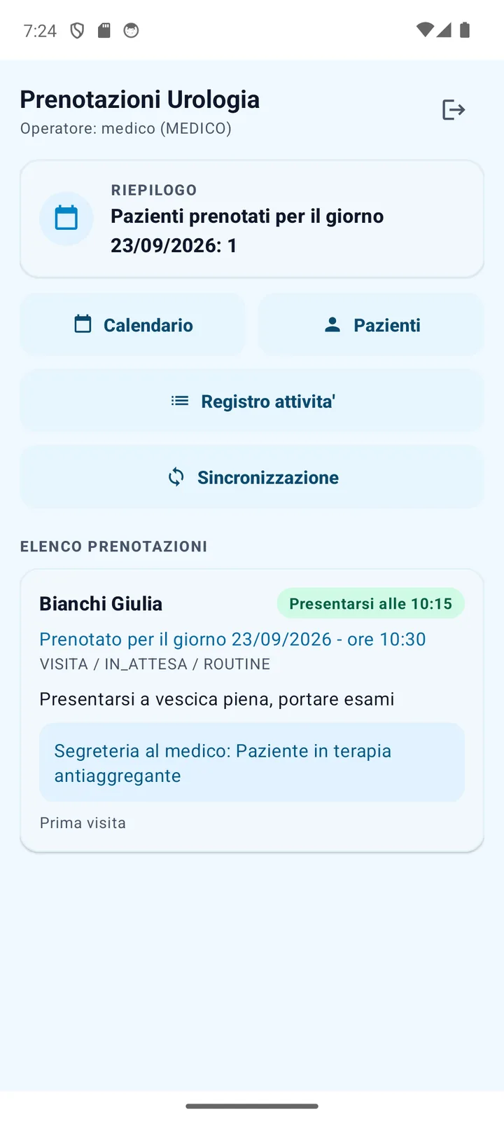 Schermata principale del medico con i pazienti prenotati per il giorno