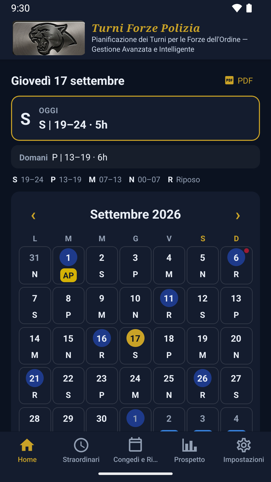 Schermata Home con calendario turni Turni Forze Polizia