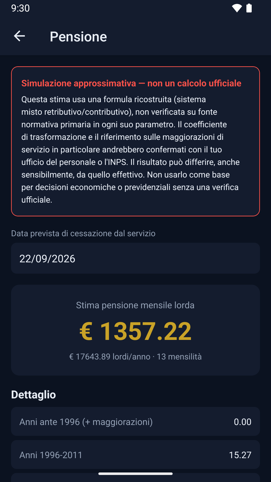 Schermata simulazione pensione Turni Forze Polizia