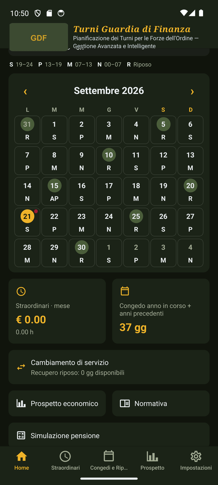 Schermata Home con calendario turni Turni Guardia di Finanza