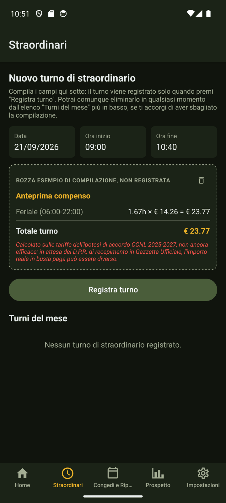 Schermata calcolo straordinari Turni Guardia di Finanza